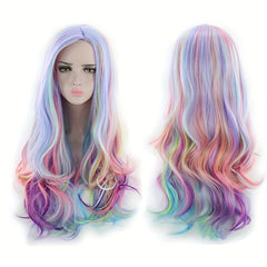 Rainbow Highlight Long Curly Wig - Fashionable Synthetic Hair for Cosplay Party