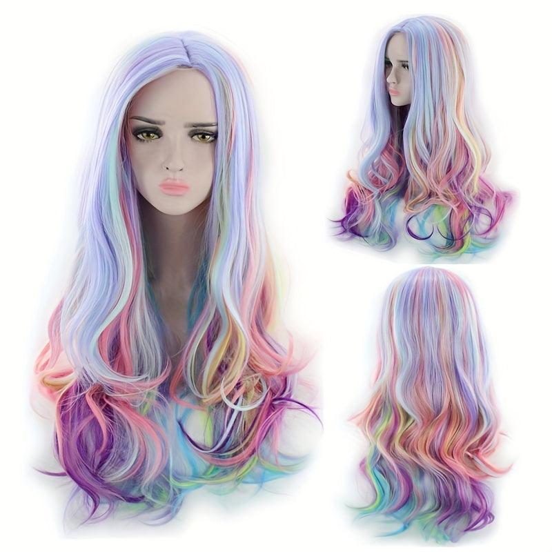 Rainbow Highlight Long Curly Wig - Fashionable Synthetic Hair for Cosplay Party