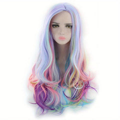 Rainbow Highlight Long Curly Wig - Fashionable Synthetic Hair for Cosplay Party