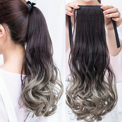 Ombre Long Curly Ponytail Extensions With Ribbon Tie - Natural Looking