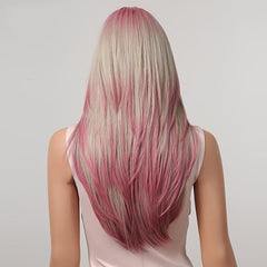 Long Straight Layered Hair Wigs With Bangs Ombre Blonde Pink Wigs