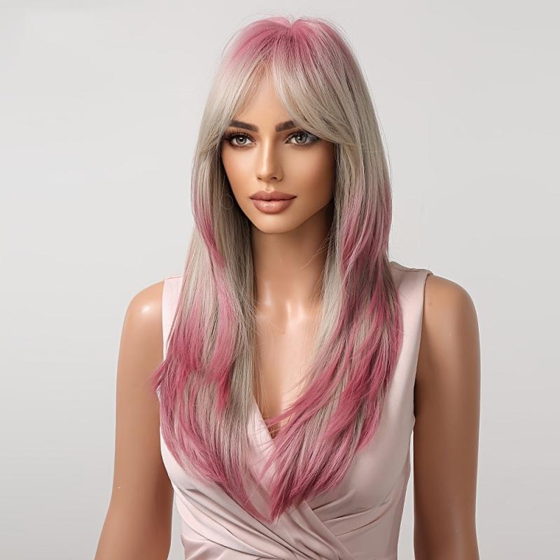 Long Straight Layered Hair Wigs With Bangs Ombre Blonde Pink Wigs
