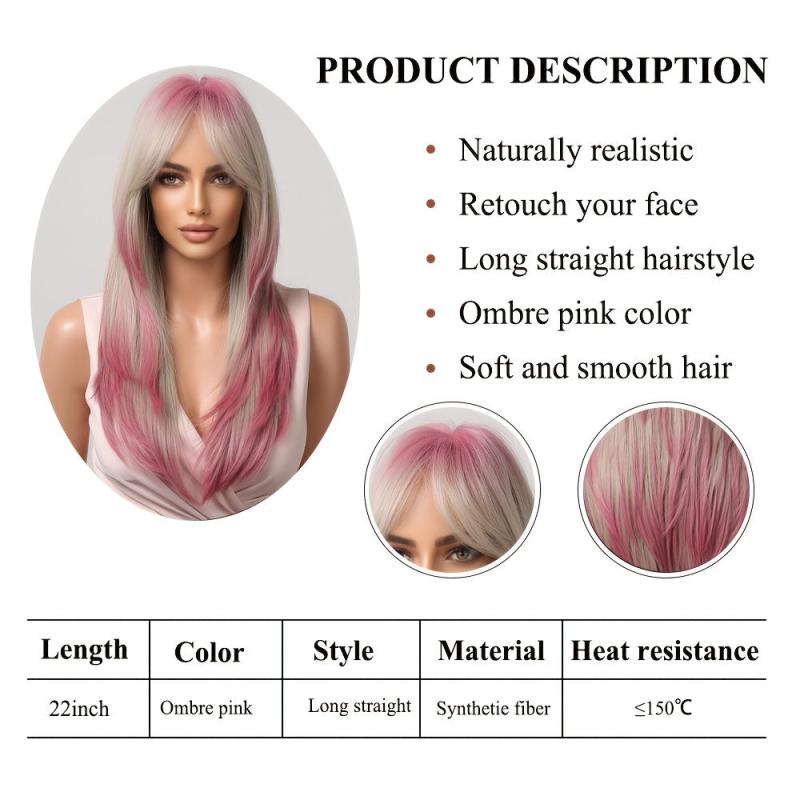 Long Straight Layered Hair Wigs With Bangs Ombre Blonde Pink Wigs