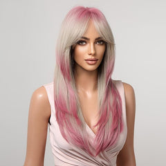 Long Straight Layered Hair Wigs With Bangs Ombre Blonde Pink Wigs