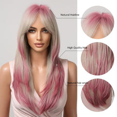 Long Straight Layered Hair Wigs With Bangs Ombre Blonde Pink Wigs