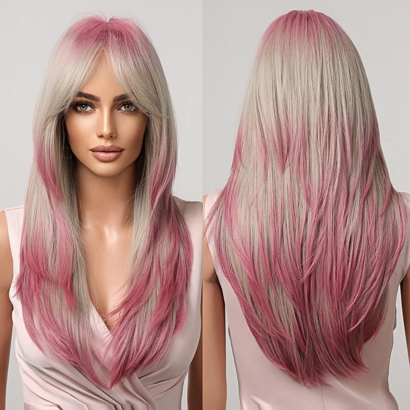 Long Straight Layered Hair Wigs With Bangs Ombre Blonde Pink Wigs