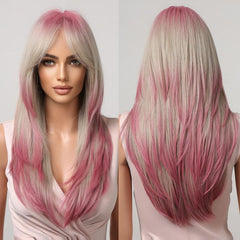 Long Straight Layered Hair Wigs With Bangs Ombre Blonde Pink Wigs