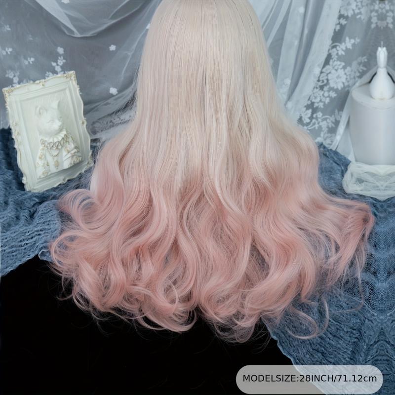 Ombre Long Curly Wavy Wig With Bangs 2 Ponytails Synthetic Wig