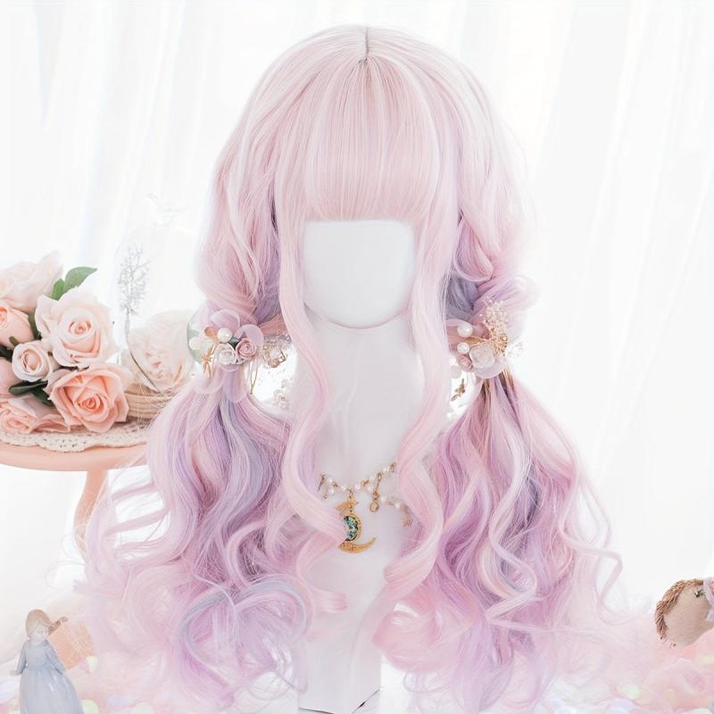 Ombre Long Curly Wavy Wig With Bangs 2 Ponytails Synthetic Wig