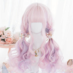 Ombre Long Curly Wavy Wig With Bangs 2 Ponytails Synthetic Wig