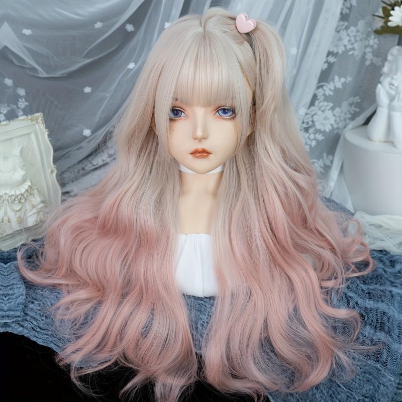 Ombre Long Curly Wavy Wig With Bangs 2 Ponytails Synthetic Wig