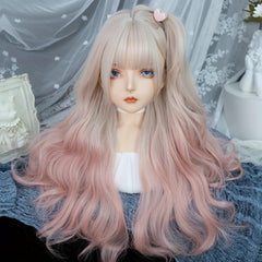 Ombre Long Curly Wavy Wig With Bangs 2 Ponytails Synthetic Wig