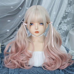 Ombre Long Curly Wavy Wig With Bangs 2 Ponytails Synthetic Wig
