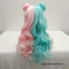 Long Wavy Wig With 2 Hair Bun Synthetic Wig With Bangs
