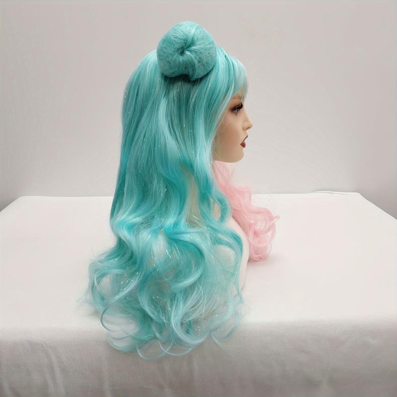 Long Wavy Wig With 2 Hair Bun Synthetic Wig With Bangs
