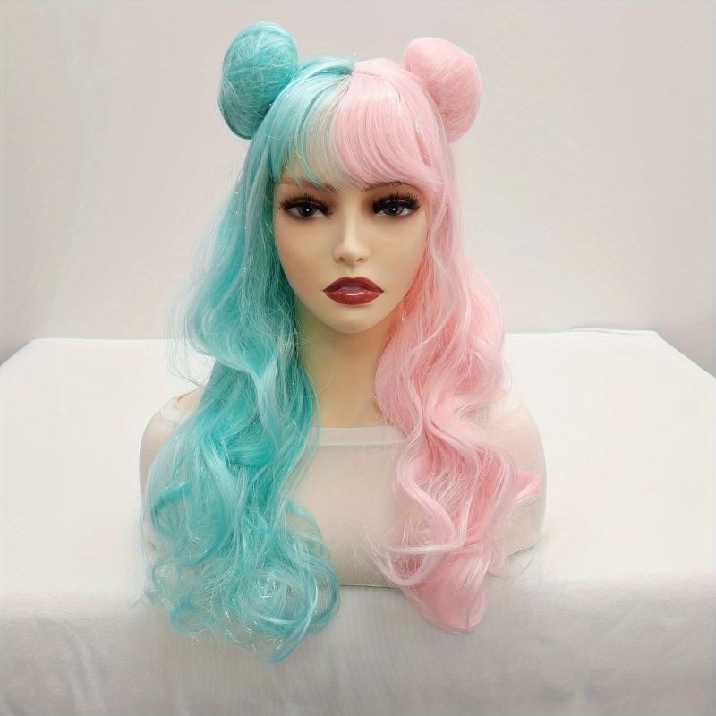 Long Wavy Wig With 2 Hair Bun Synthetic Wig With Bangs