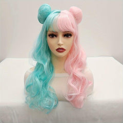 Long Wavy Wig With 2 Hair Bun Synthetic Wig With Bangs