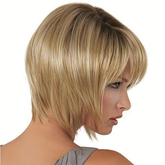 Short Golden Bob Wig With Bangs 30cm Natural Synthetic Heat Resistant