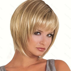 Short Golden Bob Wig With Bangs 30cm Natural Synthetic Heat Resistant