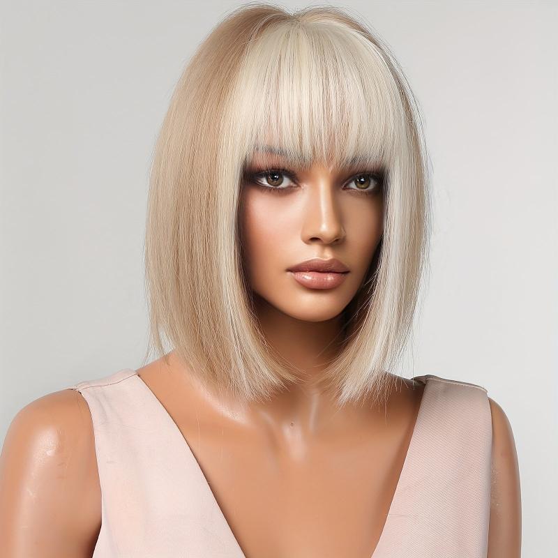 Short Blonde Bob Wig with Ivory Bangs Synthetic Hair for Daily Party Cosplay