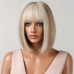 Short Blonde Bob Wig with Ivory Bangs Synthetic Hair for Daily Party Cosplay