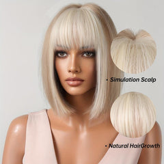 Short Blonde Bob Wig with Ivory Bangs Synthetic Hair for Daily Party Cosplay