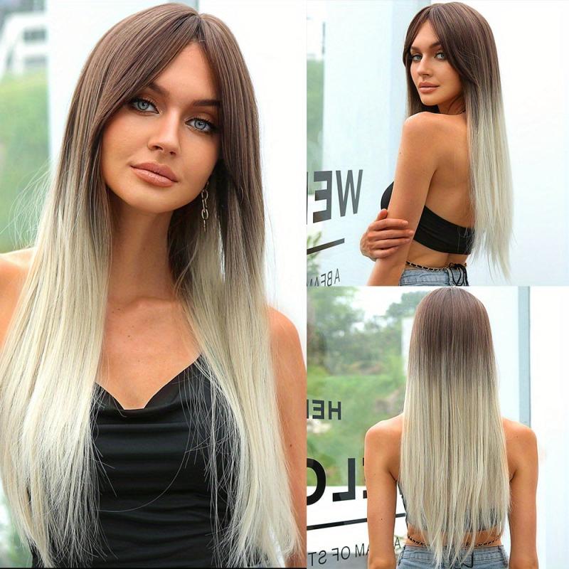 Wavy Curly Hair Wig Grey To Blonde 71 12 Cm Middle Part Synthetic Fiber Women