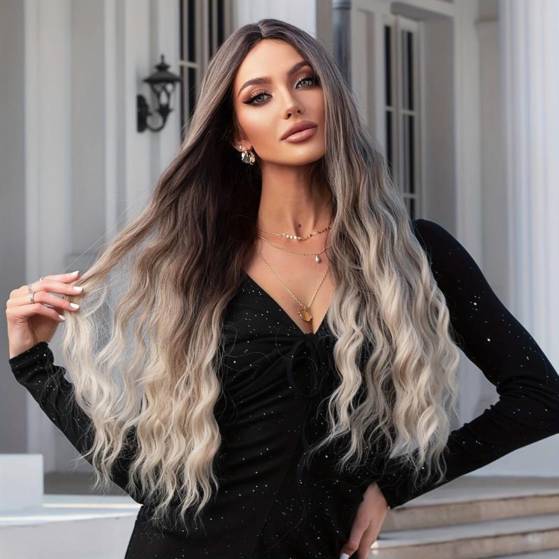 Wavy Curly Hair Wig Grey To Blonde 71 12 Cm Middle Part Synthetic Fiber Women