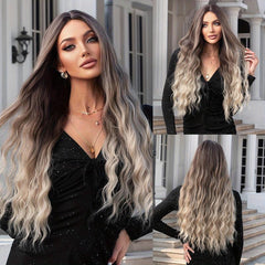 Wavy Curly Hair Wig Grey To Blonde 71 12 Cm Middle Part Synthetic Fiber Women