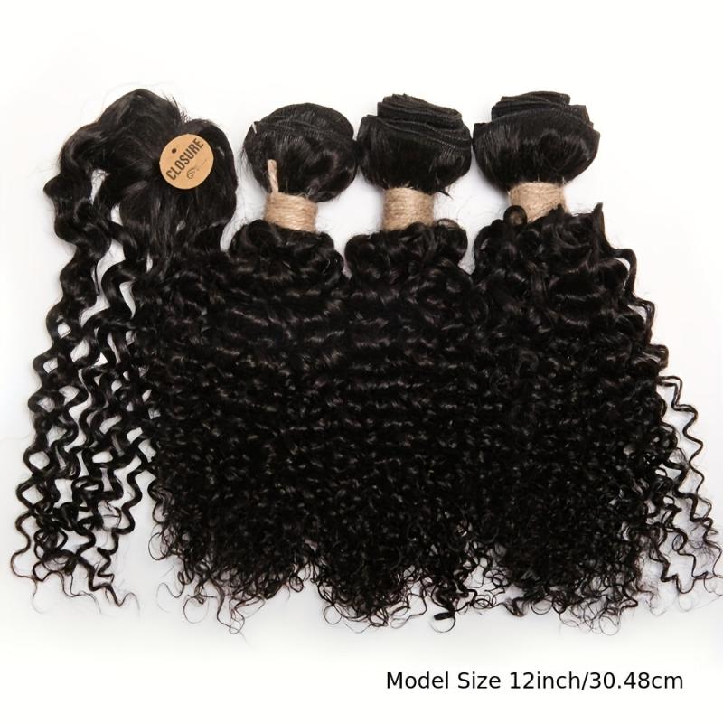 3 Bundles & 1 Closure Kinky Curly Human Hair Short Indian Hair 20-32-30-48 cm
