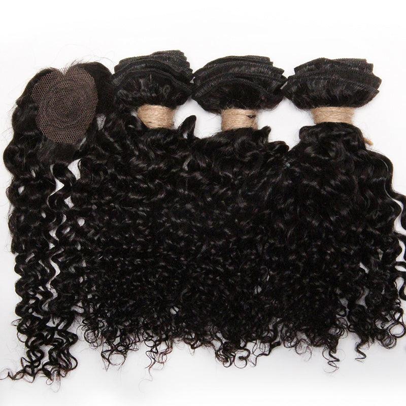3 Bundles & 1 Closure Kinky Curly Human Hair Short Indian Hair 20-32-30-48 cm