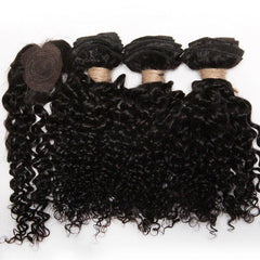 3 Bundles & 1 Closure Kinky Curly Human Hair Short Indian Hair 20-32-30-48 cm