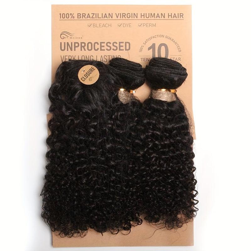 3 Bundles & 1 Closure Kinky Curly Human Hair Short Indian Hair 20-32-30-48 cm