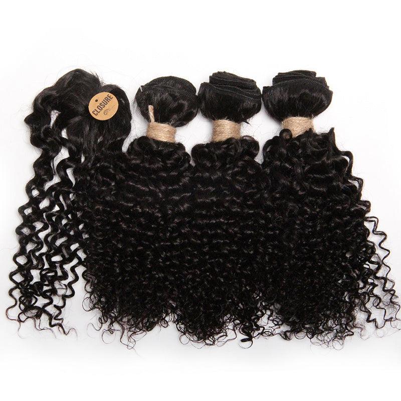 3 Bundles & 1 Closure Kinky Curly Human Hair Short Indian Hair 20-32-30-48 cm