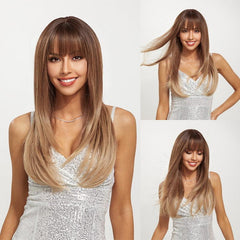 Long Ombre Brown Straight Wig with Bangs for Daily Wear