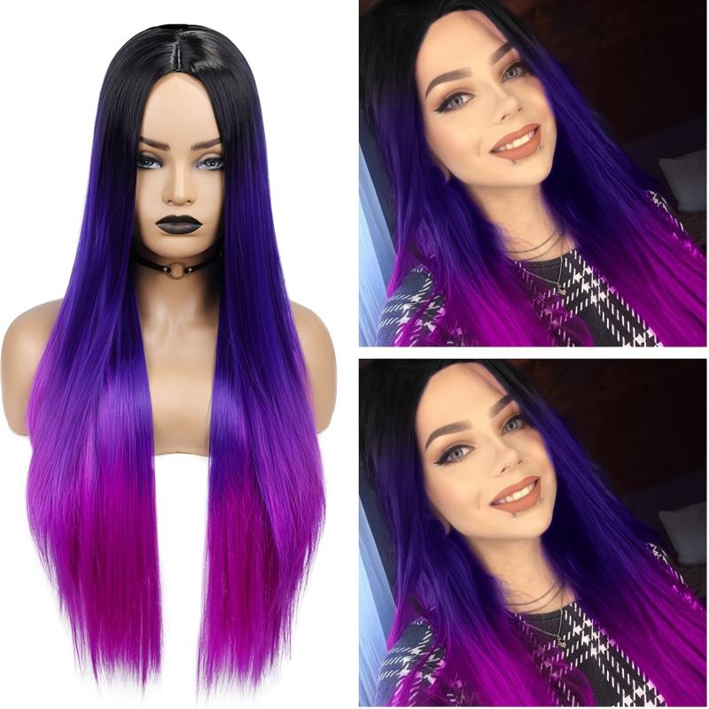 Ombre Rainbow Purple Long Straight Synthetic Wig
