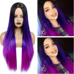 Ombre Rainbow Purple Long Straight Synthetic Wig