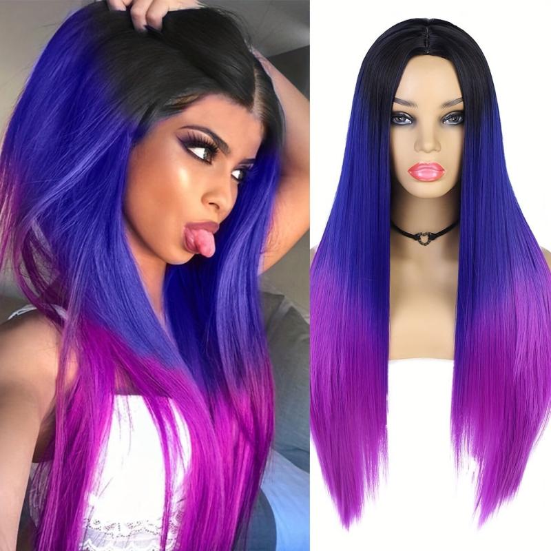 Ombre Rainbow Purple Long Straight Synthetic Wig