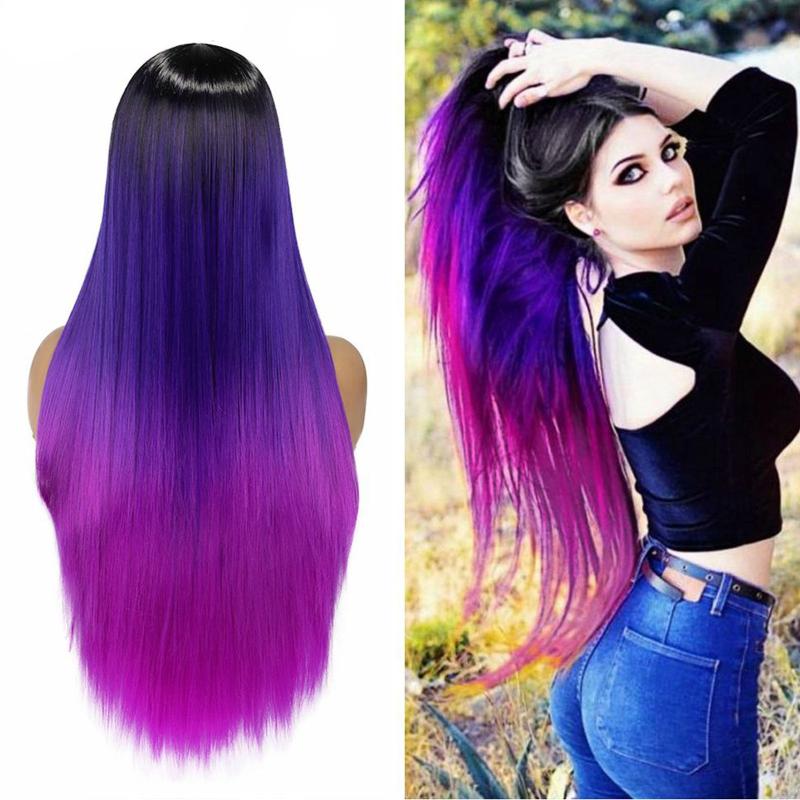 Ombre Rainbow Purple Long Straight Synthetic Wig