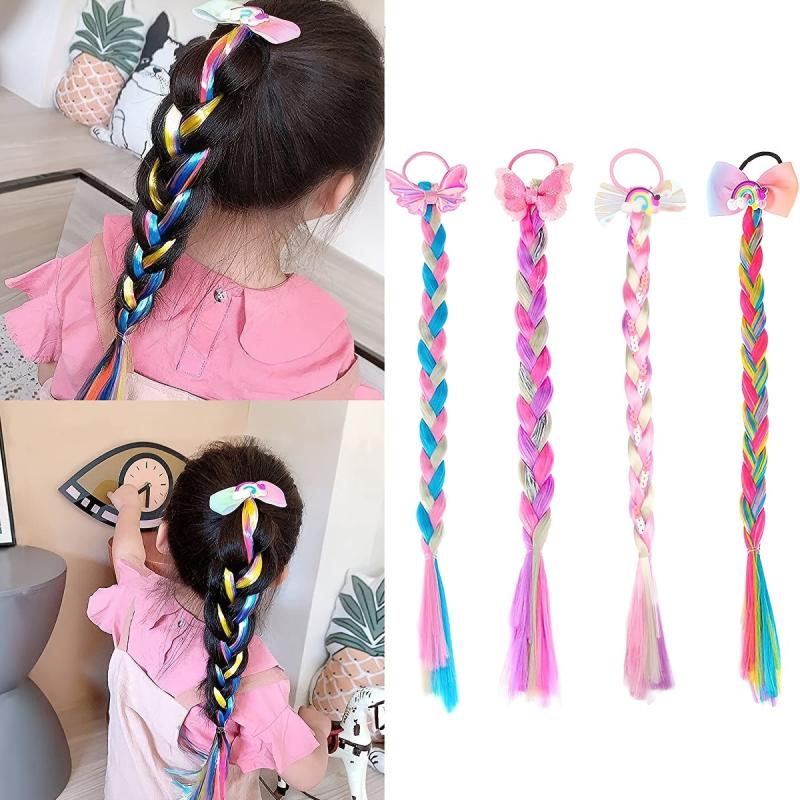 Colorful Braid Hair Extensions With Bowknot Decor Ponytail Extensions