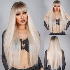 Platinum Straight Hair Wig Dark Root Synthetic Long Wig