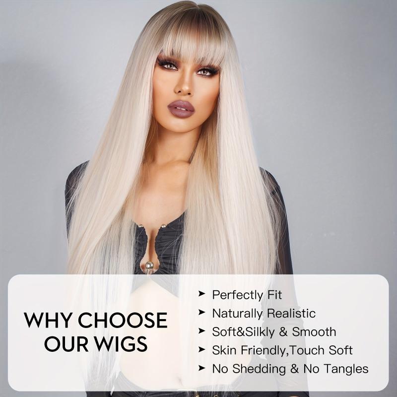 Platinum Straight Hair Wig Dark Root Synthetic Long Wig
