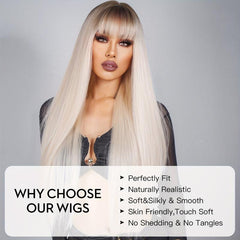 Platinum Straight Hair Wig Dark Root Synthetic Long Wig