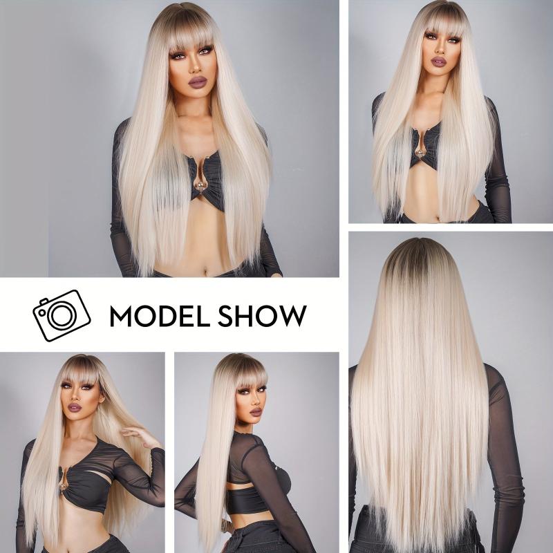 Platinum Straight Hair Wig Dark Root Synthetic Long Wig