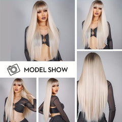 Platinum Straight Hair Wig Dark Root Synthetic Long Wig