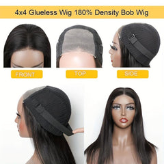 Glueless Bob Wigs Human Hair Pre Plucked 4x4 Straight Lace Front Wig
