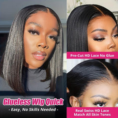 Glueless Bob Wigs Human Hair Pre Plucked 4x4 Straight Lace Front Wig