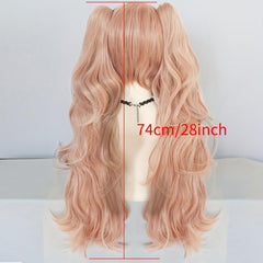 Long Wave Pink Anime Cosplay Wig with 2 Ponytails