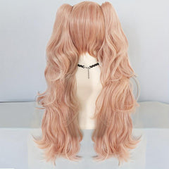 Long Wave Pink Anime Cosplay Wig with 2 Ponytails
