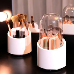 Makeup Brush Holder 360 Rotating Organizer w/ Clear Cover Cosmetics Storage